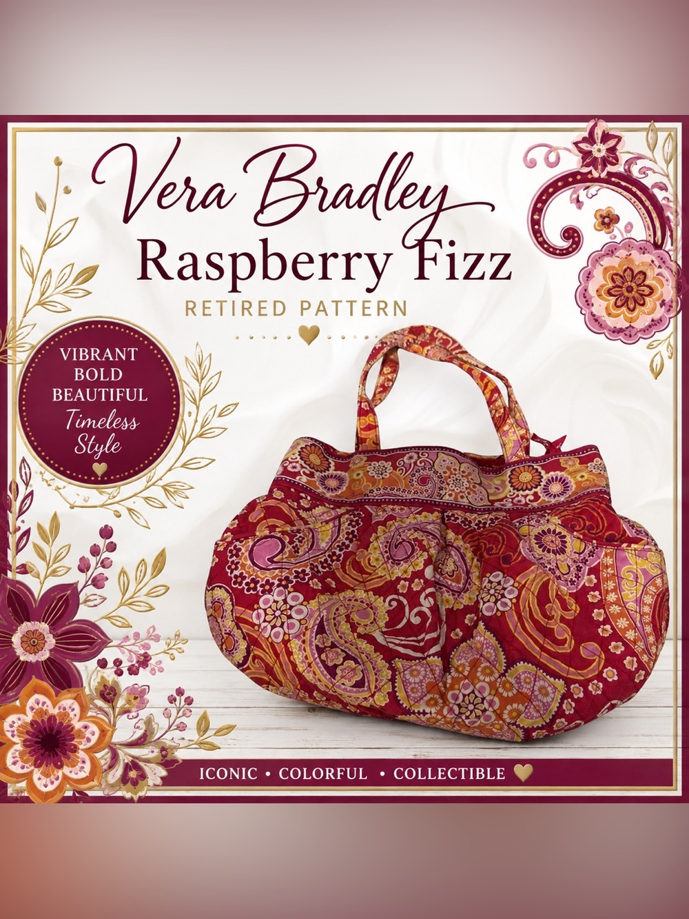 Vera Bradley Raspberry Fizz Quilted Handbag Retired Pattern Floral Paisley